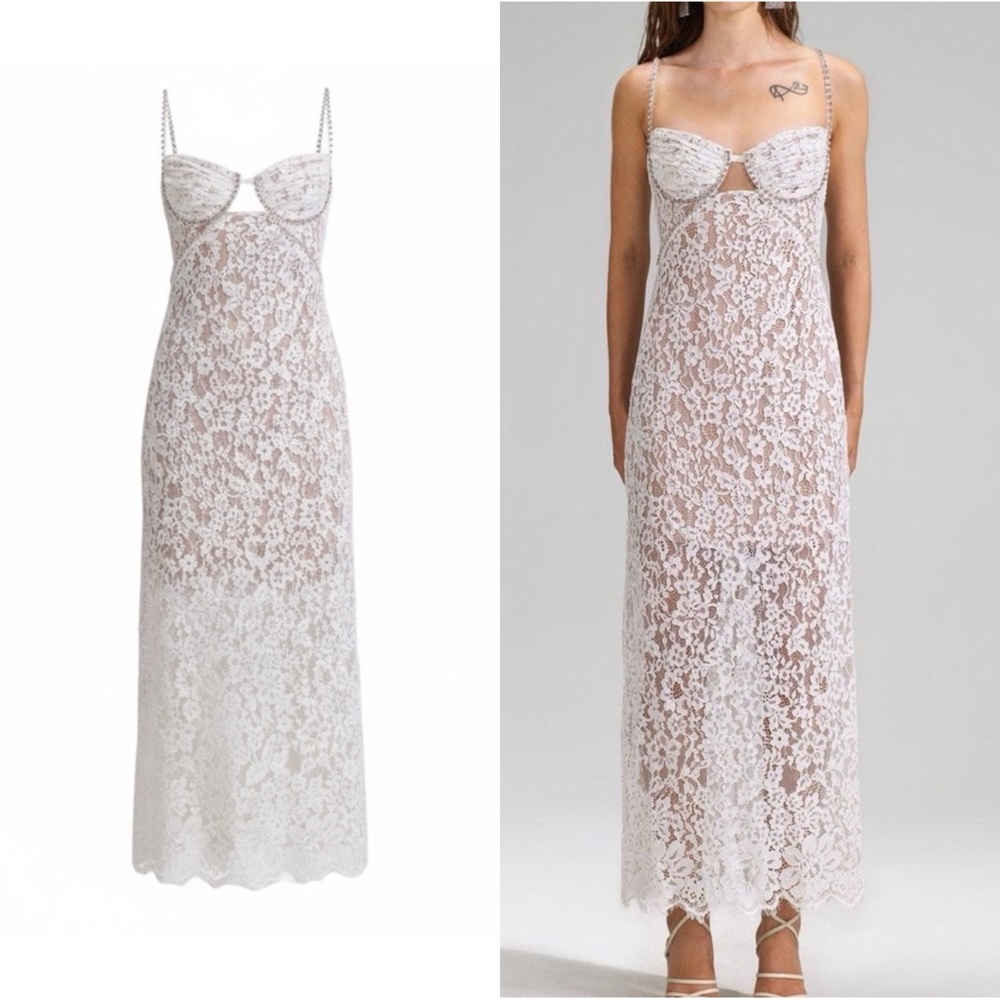 Self-Portrait CRYSTAL TRIMMED White Fine Lace Maxi Dresse